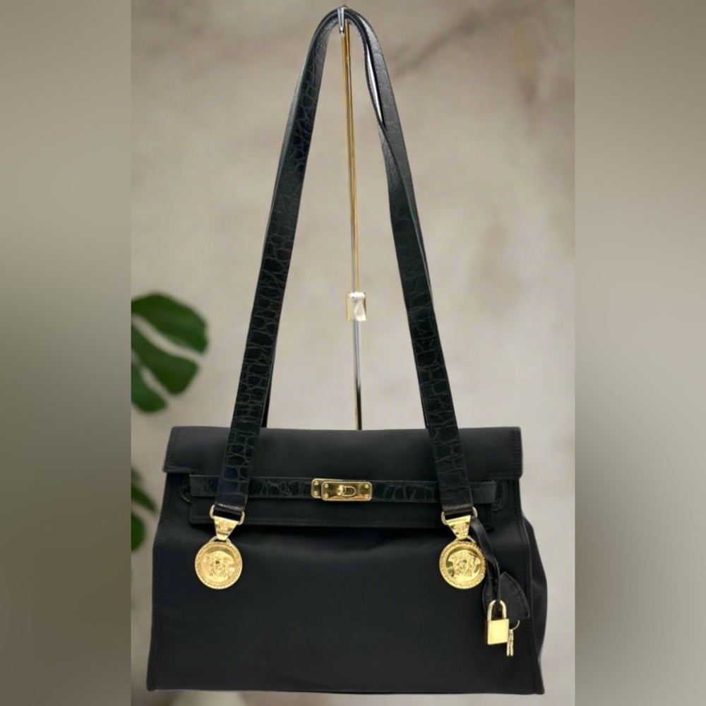 Auth Giani Versace, Rare Black Medusa Coin Shoulder Bag w/clochette closure
